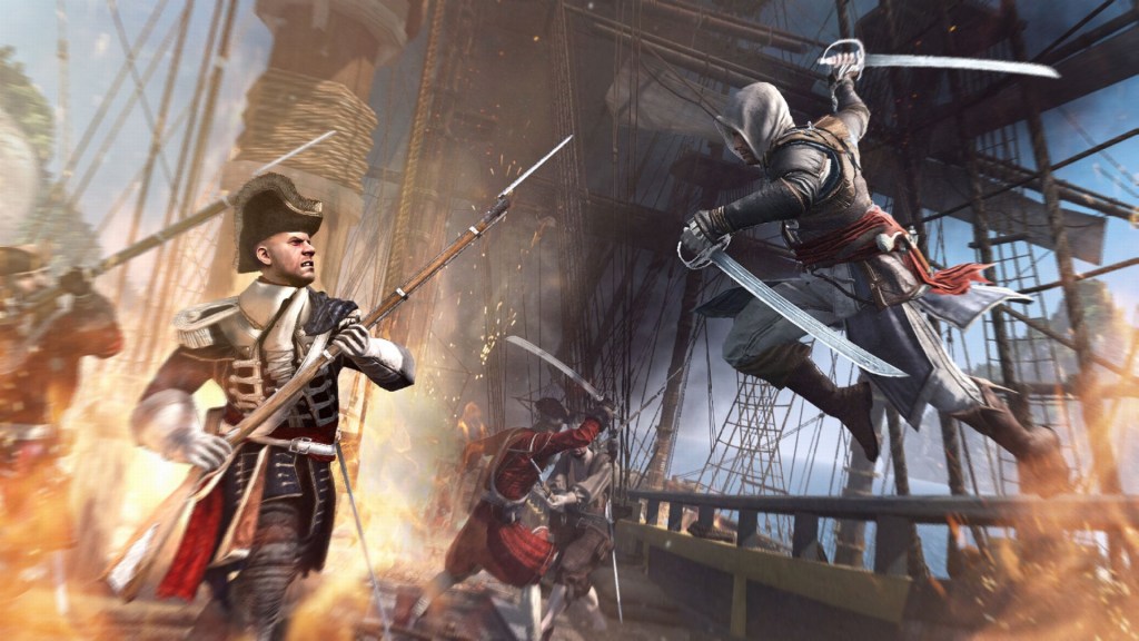 Assassin's Creed 4 - Edward Kenway battles colonial troops during a boarding action.