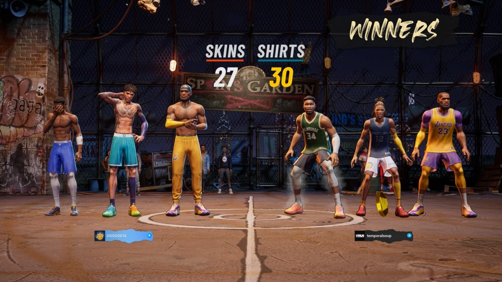 NBA THE RUN players post-match standing on a basketball court.