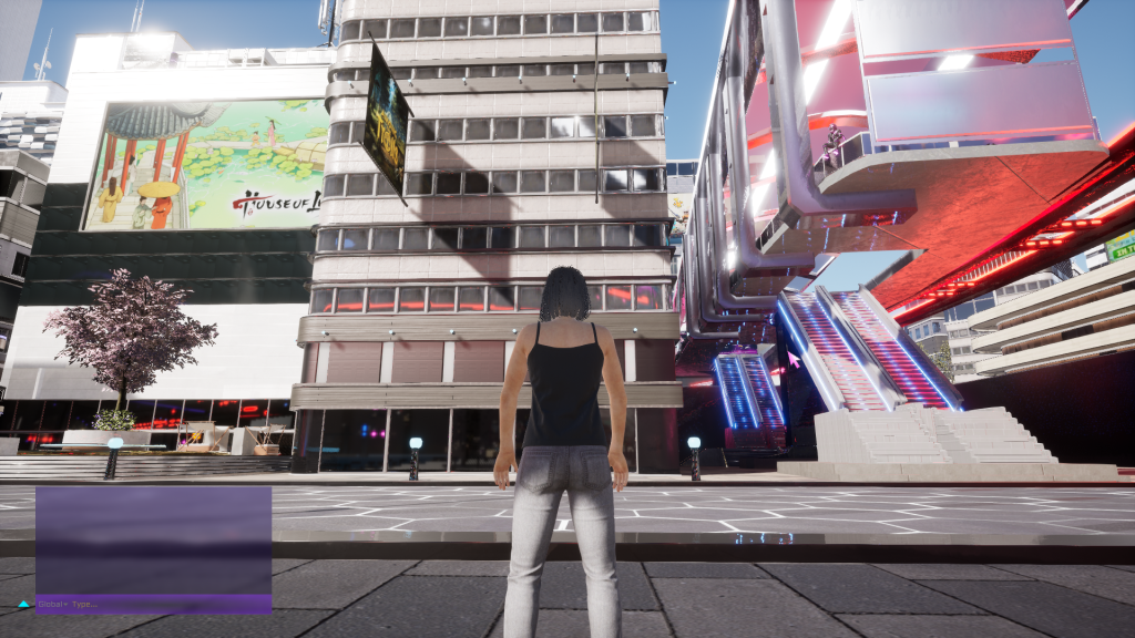 Screenshot of a character with black hair and black clothes in the Endix digital event's city area.