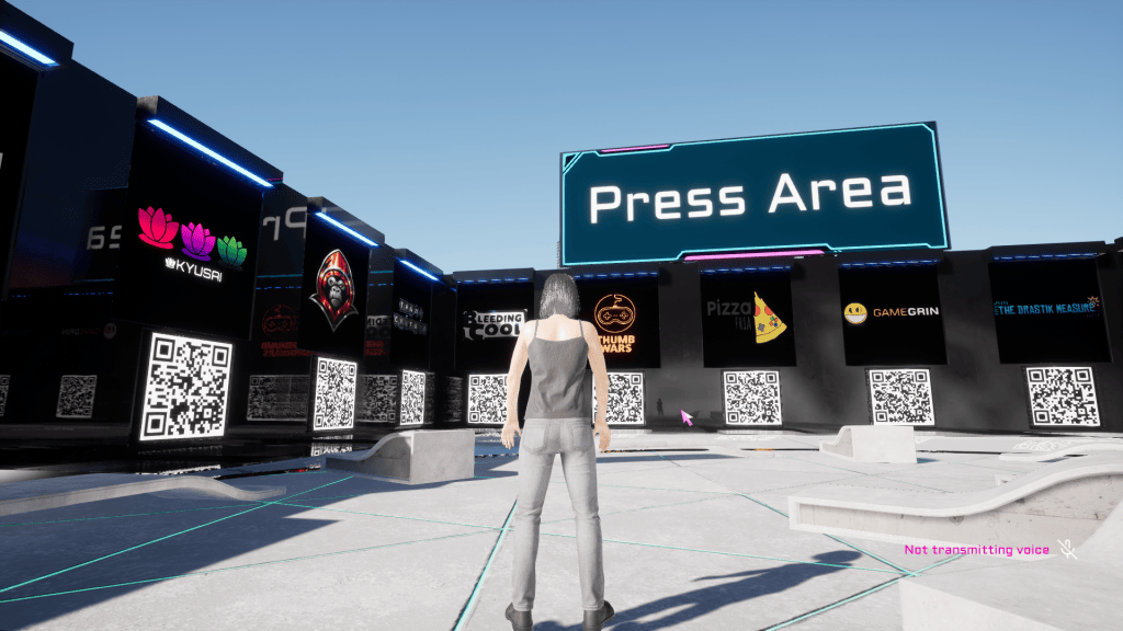 Screenshot of a character with black hair and black clothes in the Endix digital event press area.