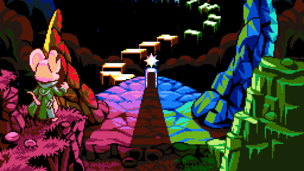Mina the Hollower Astral Orrey splash art pixelated style with a vibrant color scheme.