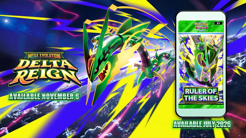 Pokemon Pocket Ruler of the Skies and Pokemon TCG Mega Evolution Delta Reign splash screen.