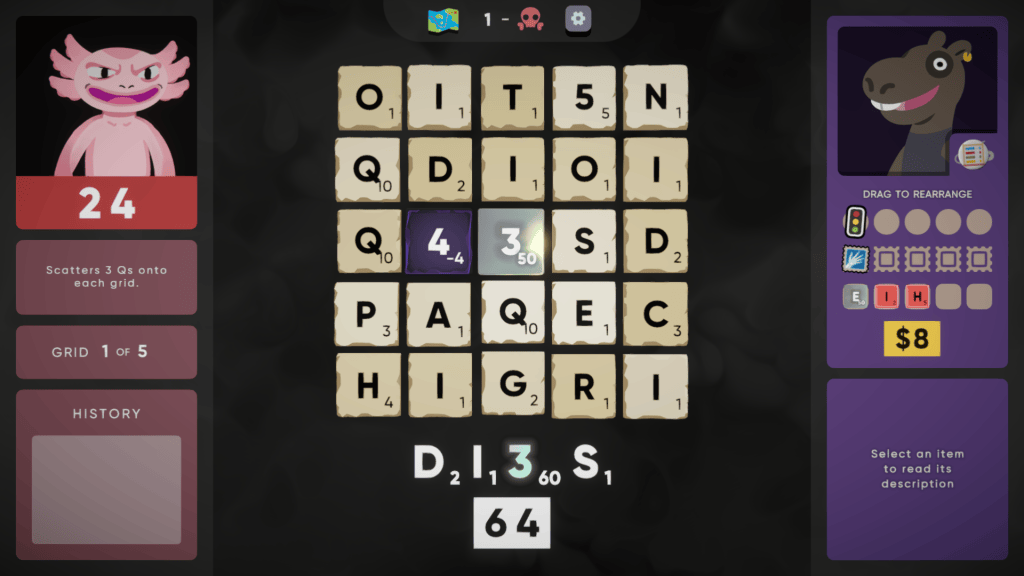 Cursed Words gameplay shot showing word tiles on a board with an axolotl boss.