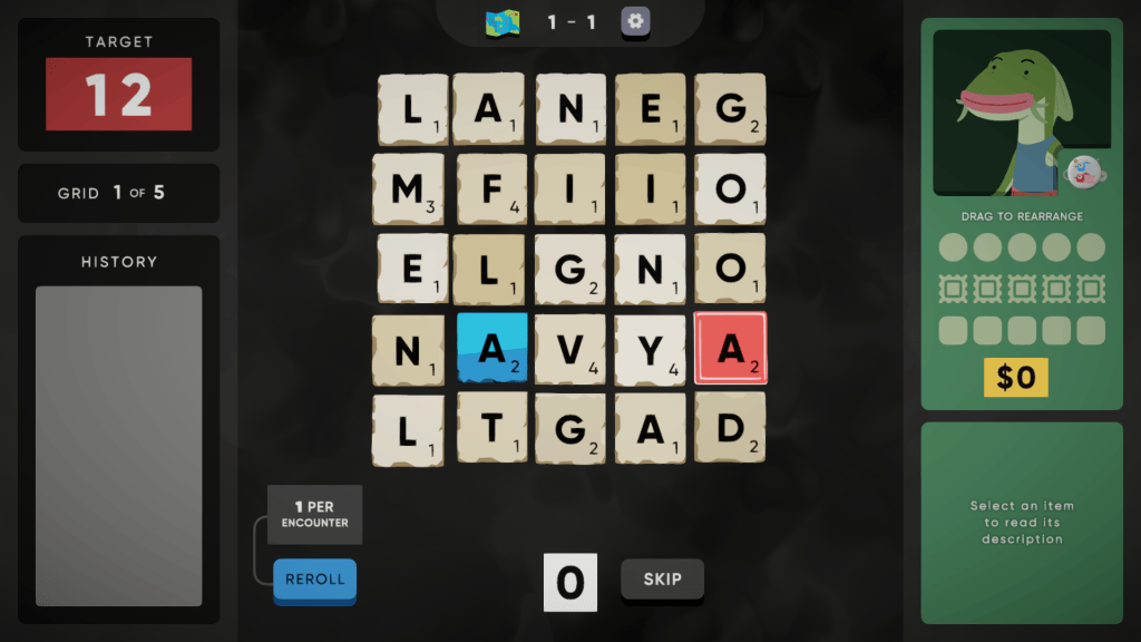 Cursed Words gameplay shot showing word tiles on a board with a fish character.