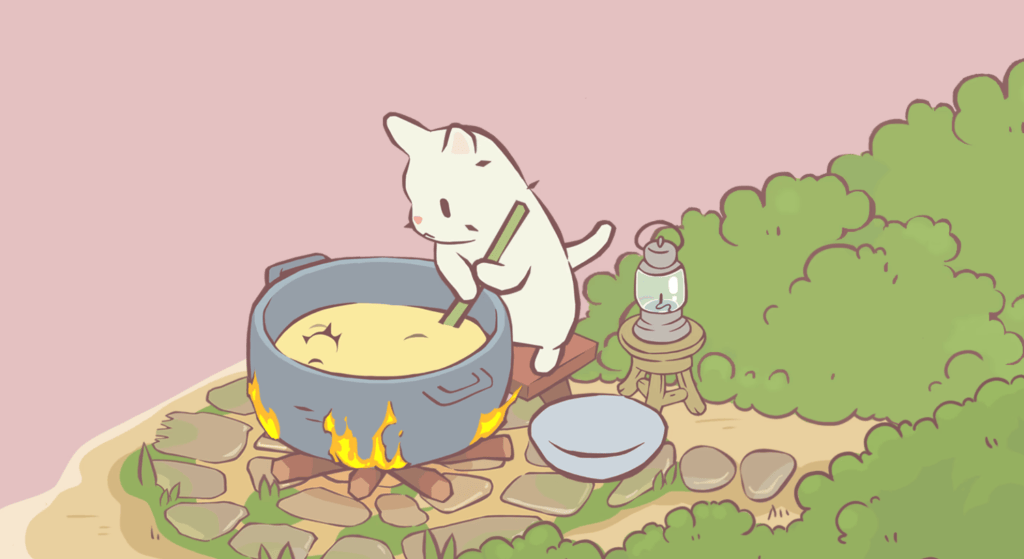 Cats and Soup cat stirring a cauldron of soup with a green field floor and pink background. 