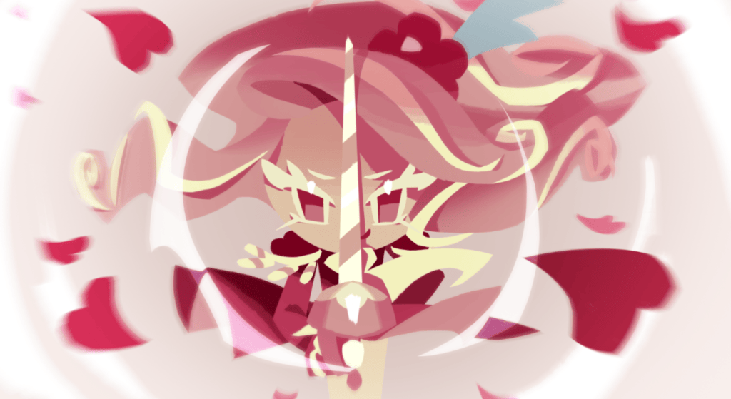 Cookie Run Kingdom character with petal-like hearts and a sword in the middle of the screen.