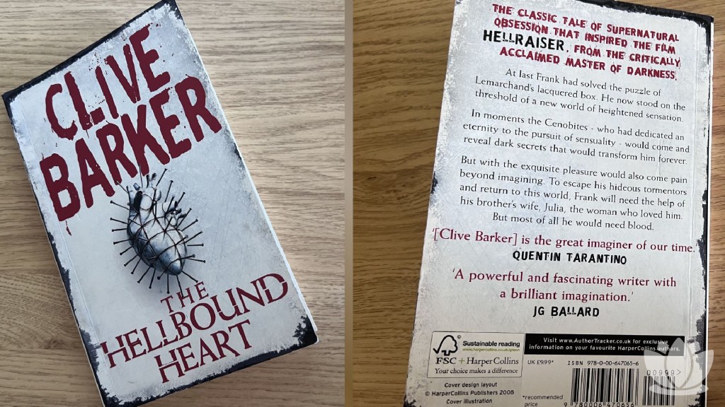 The front cover and back cover of The Hellbound Heart by Clive Barker on a wooden desk.