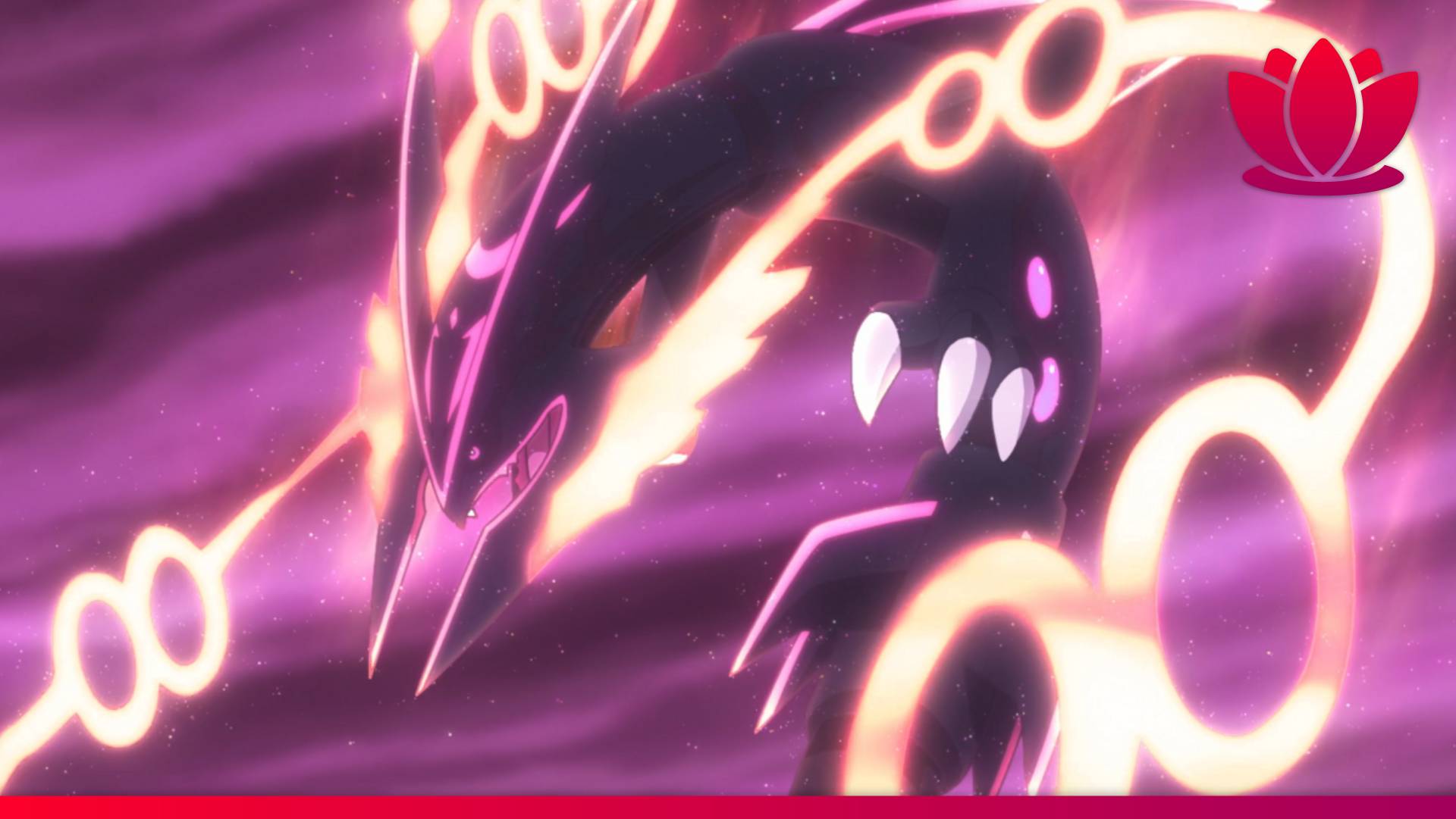 Pink image of Mega Rayquaza in the Pokemon anime.