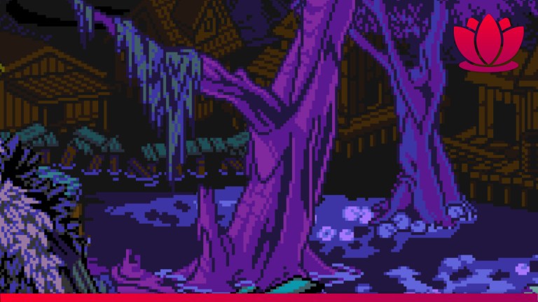 Mina the Hollower bayou location screenshot with purple trees.