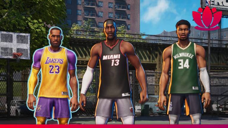 NBA THE RUN game screenshot with three basketball players in a city.