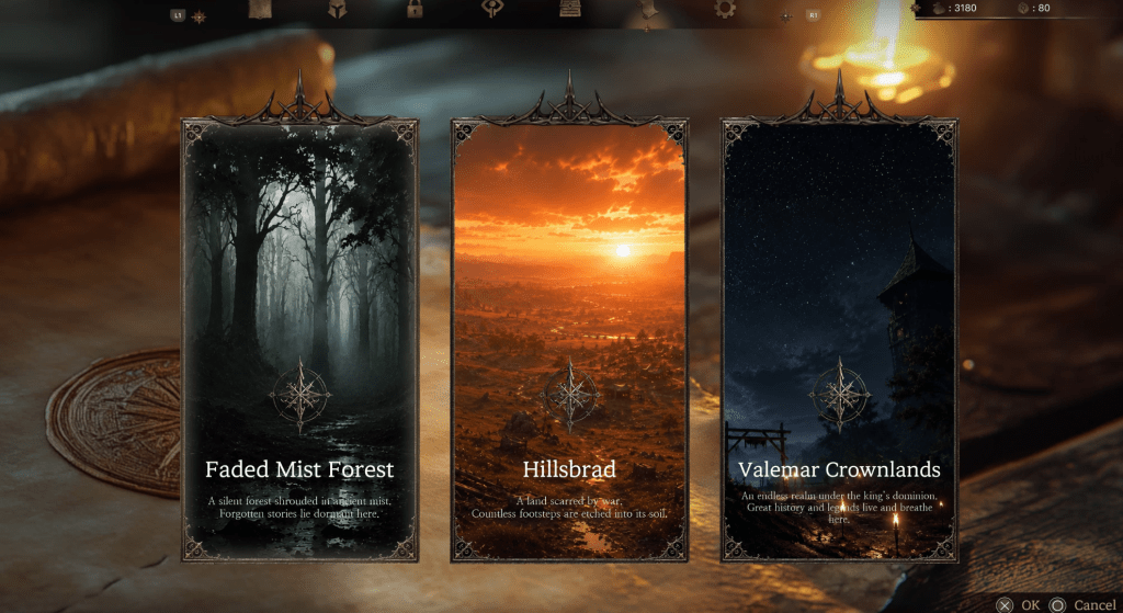 The Relic: First Guardian in-game screenshot of the lore interface split up by region.
