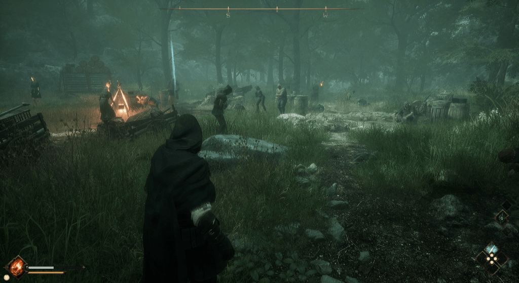The Relic: First Guardian in-game screenshot of a dark clearing in a forest with villagers.