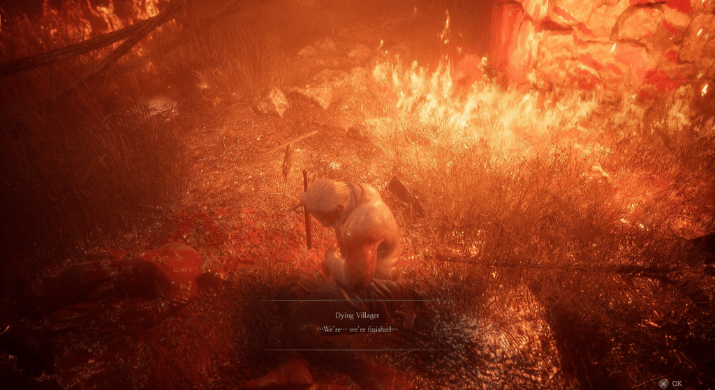 The Relic: First Guardian in-game screenshot of a burning village with a villager.