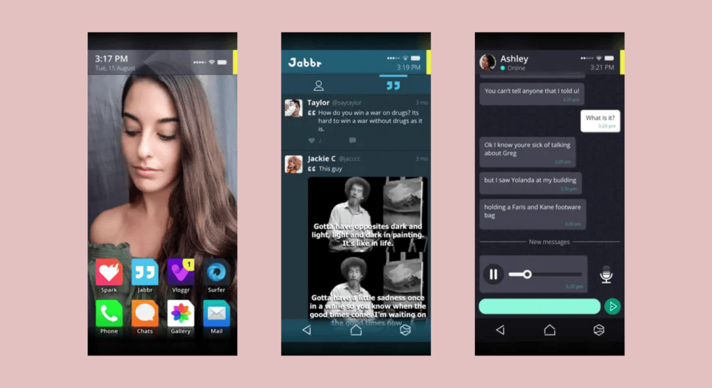 Screenshots of Simulacara mobile horror gameplay split into three on a pink screen.
