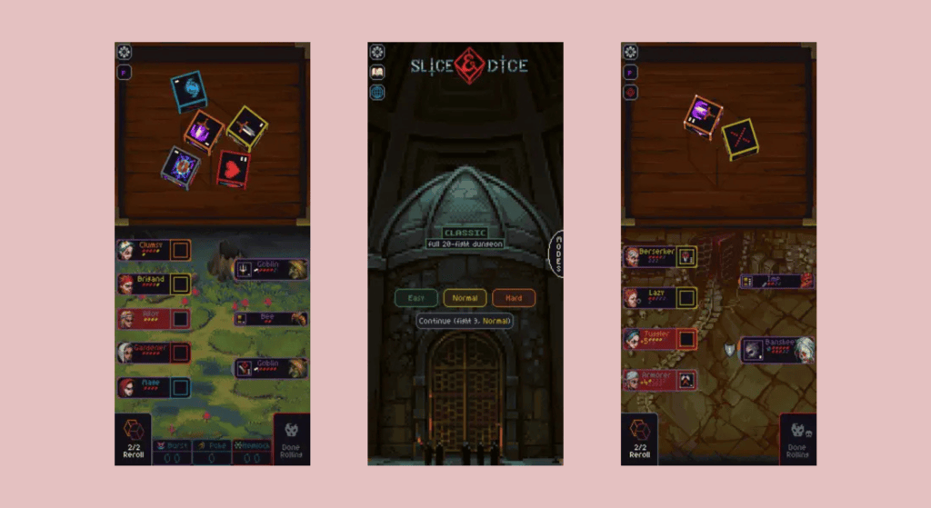 Screenshots of Slice & Dice mobile gameplay split into three on a pink screen.