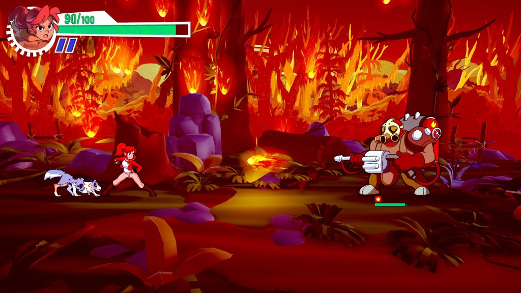 Signy & Mino game screenshot showing a pre-combat sequence in a burning forest.