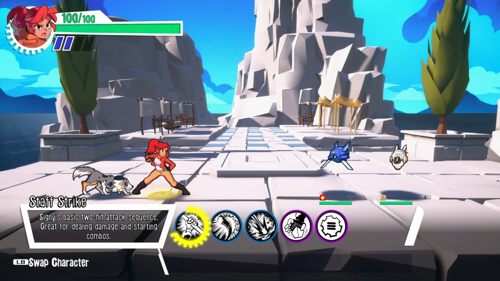 Signy & Mino game screenshot showing a combat sequence in a beachy area.