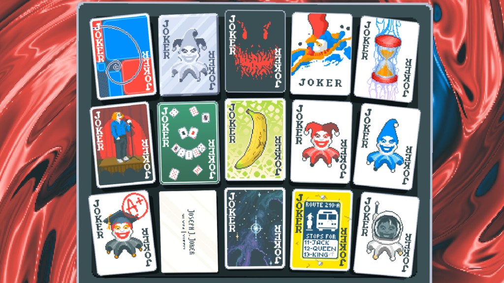 Balatro screenshot with Joker cards displayed on a pixelated screen.