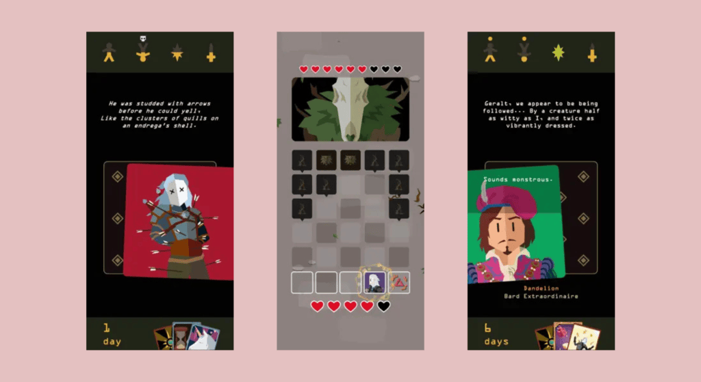 Screenshots of Reigns: The Witcher mobile gameplay split into three on a pink screen.