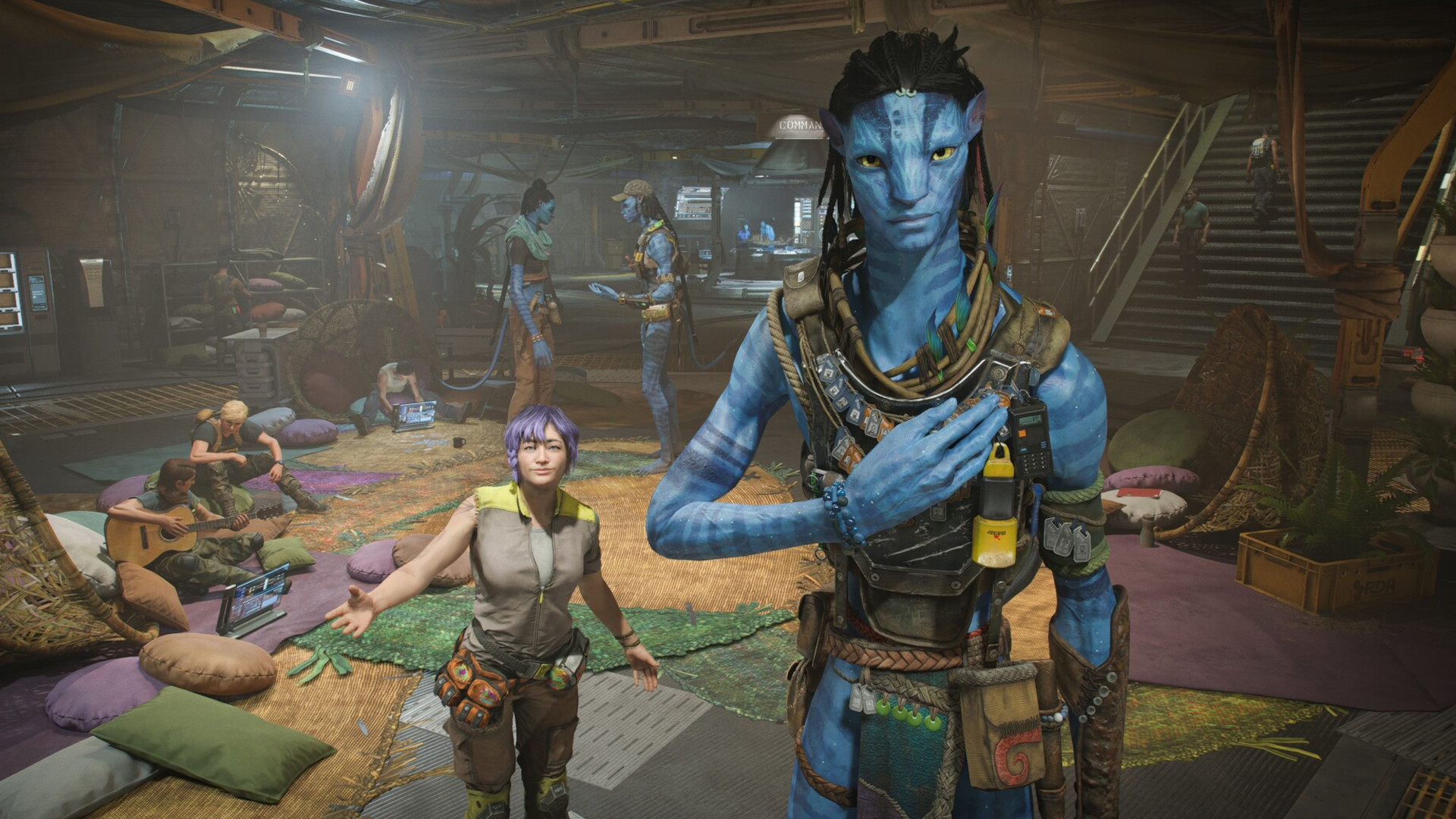Avatar movie screenshot showing the characters in a military base.