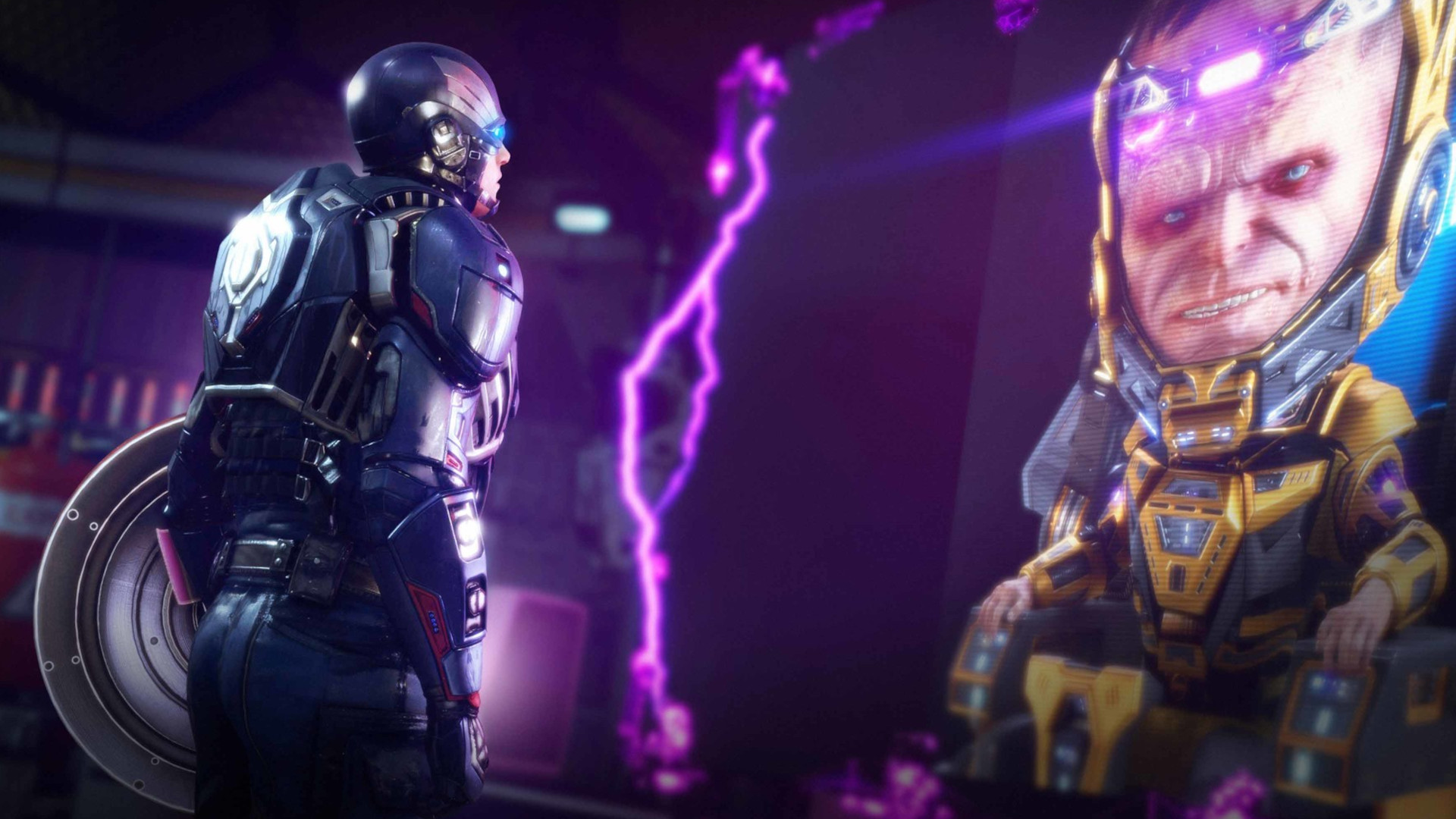 Avengers characters looking at each other in a neon purple room.