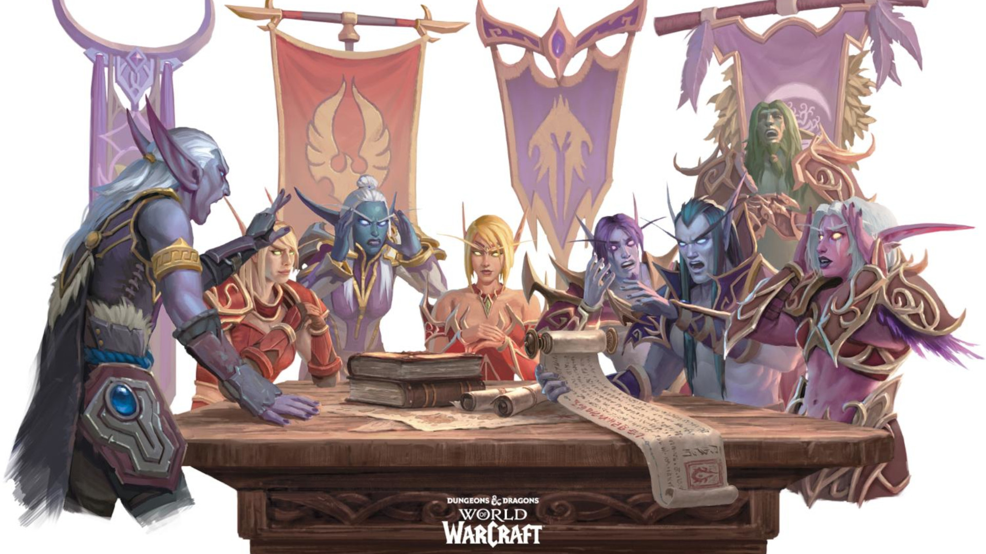 A table of elves having a conversation in World of Warcraft.