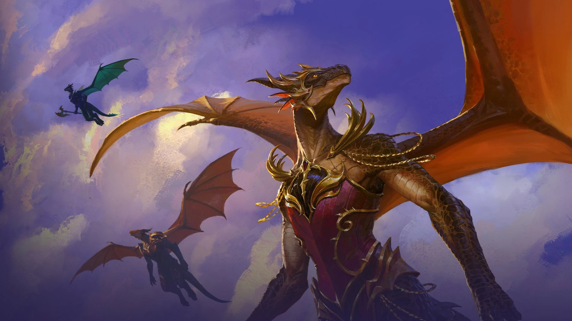 World of Warcraft screenshot of a trio of dracthyr dragon people in the sky.