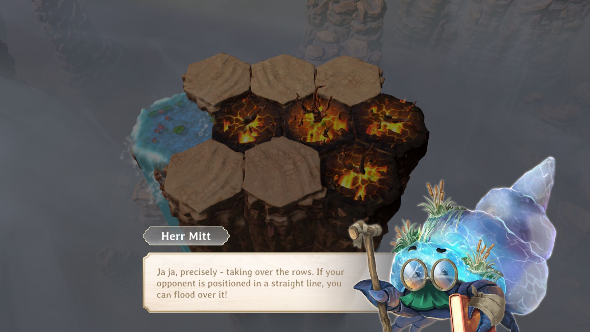 Screenshot of hex tile game Flame, Forest and Flood with Herr Mitt the crab.