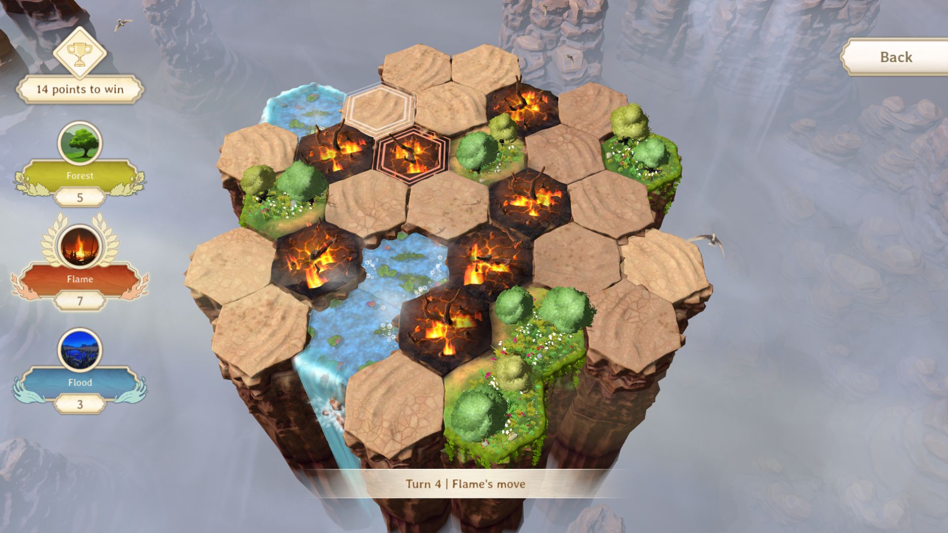 Screenshot of hex tile game Flame, Forest and Flood with elemental designs.
