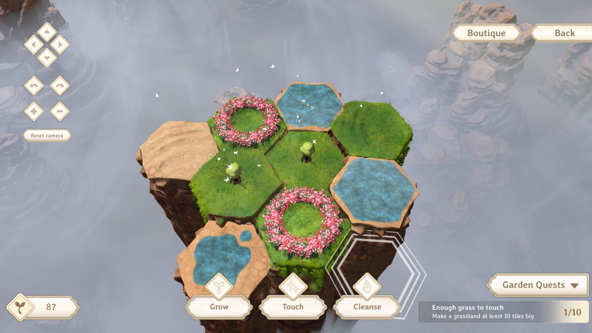 Screenshot of hex tile game Flame, Forest and Flood with a cute floral garden.