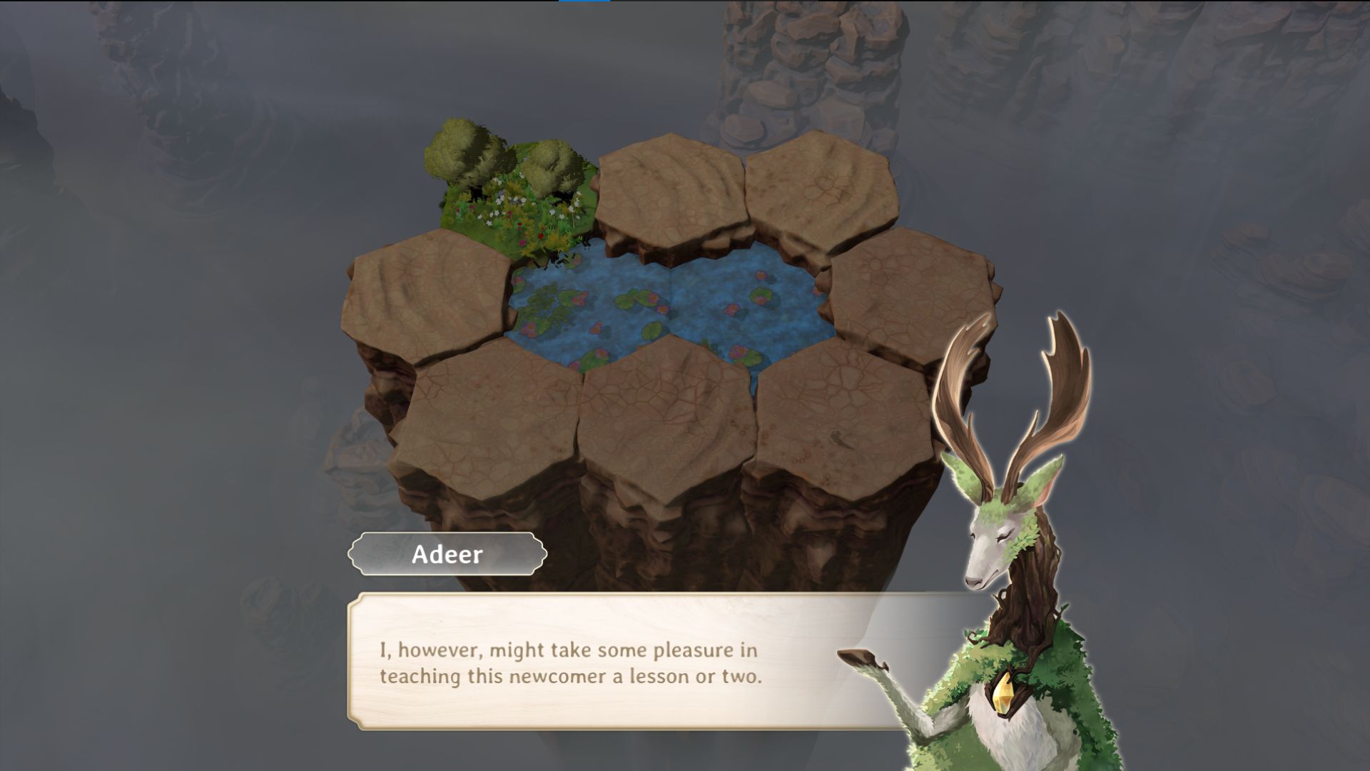 Screenshot of hex tile game Flame, Forest and Flood with Adeer the deer.