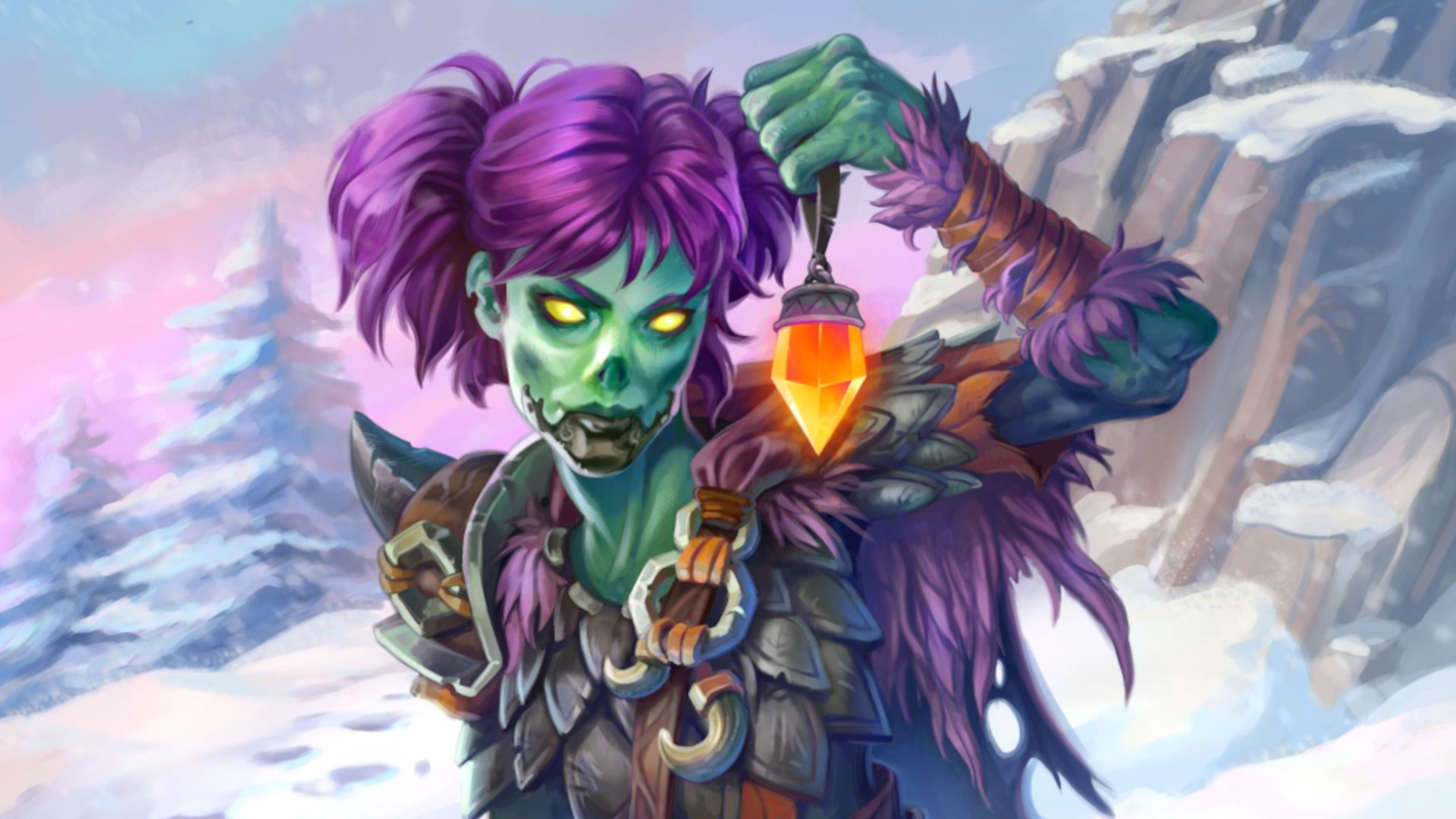 World of Warcraft screenshot of a forsaken zombie woman in the snow with an amber jewel.