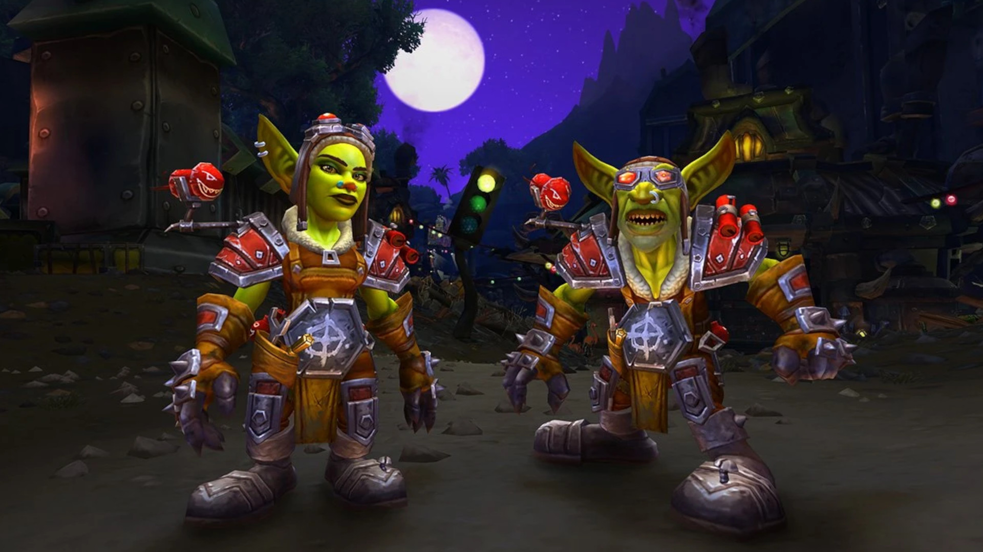 World of Warcraft screenshot of a pair of goblins outside at night.