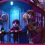 Coco movie screenshot with characters on a train carriage.