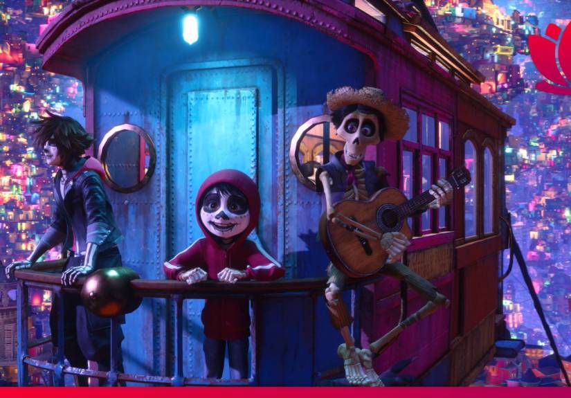 Coco movie screenshot with characters on a train carriage.