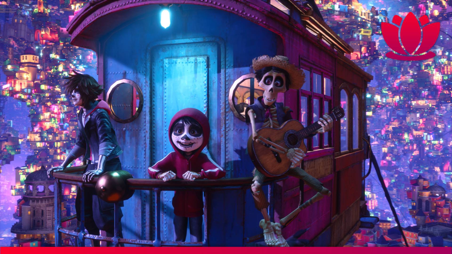 Coco movie screenshot with characters on a train carriage.