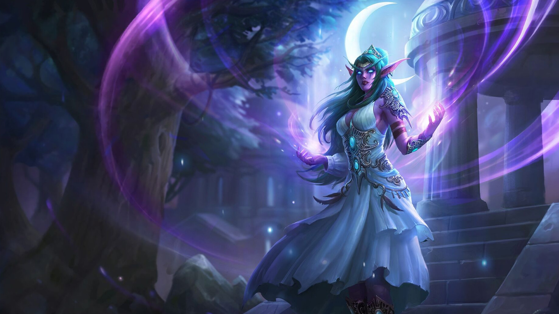 World of Warcraft screenshot of a night elf in a mystical temple.