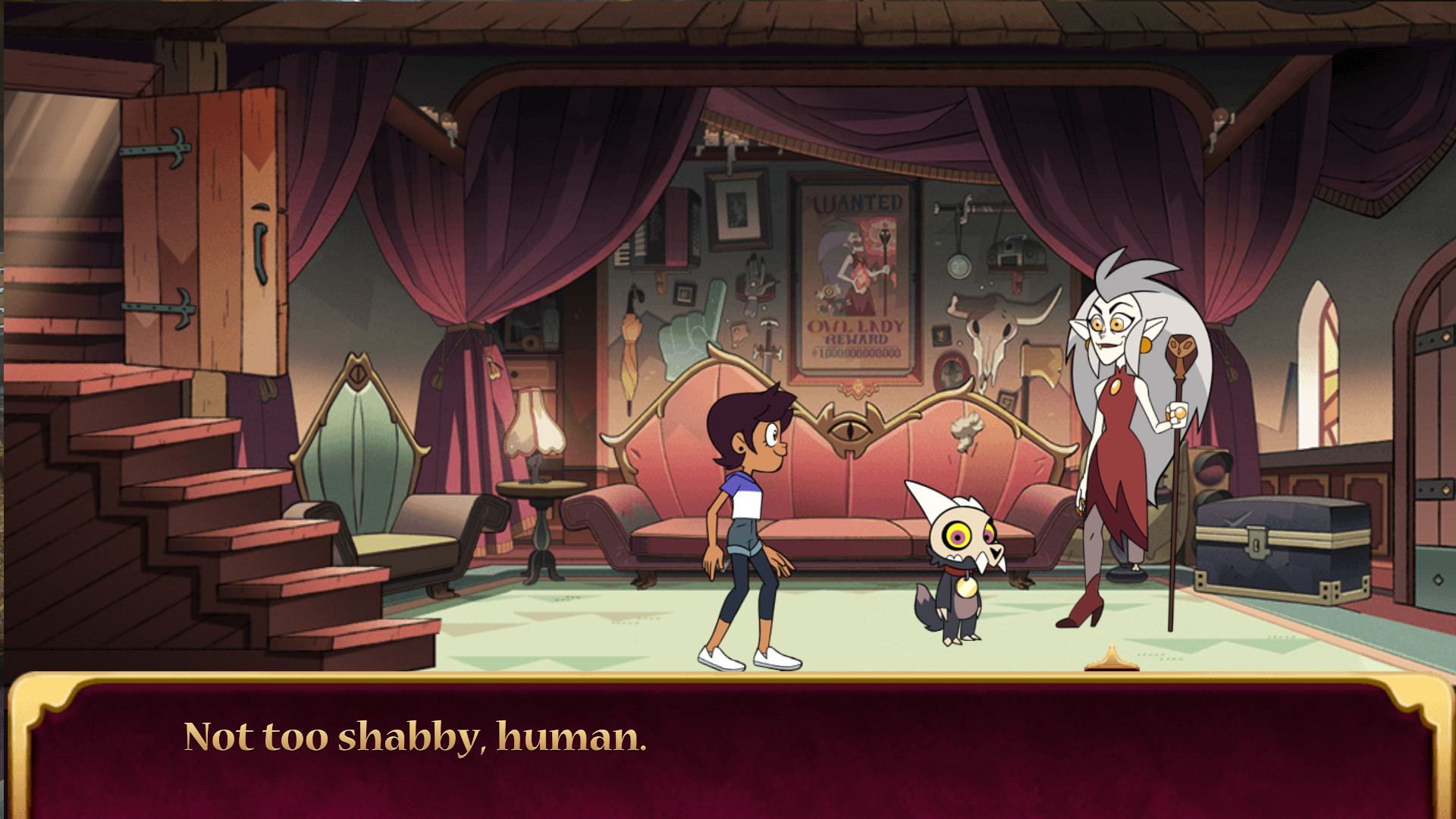 Owl House game screenshot with the text "Not too shabby, human."