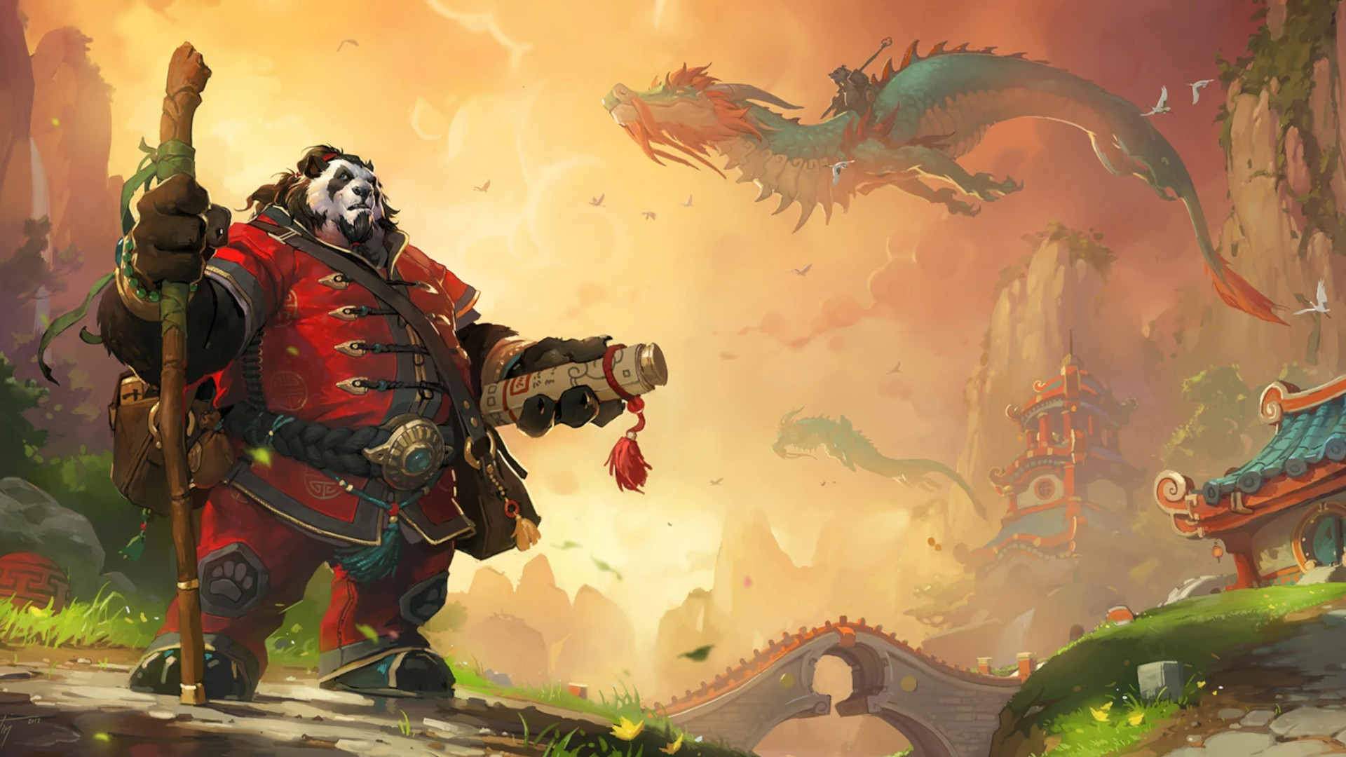 World of Warcraft screenshot of a pandaren monk in a forest with a sky serpent in the back.