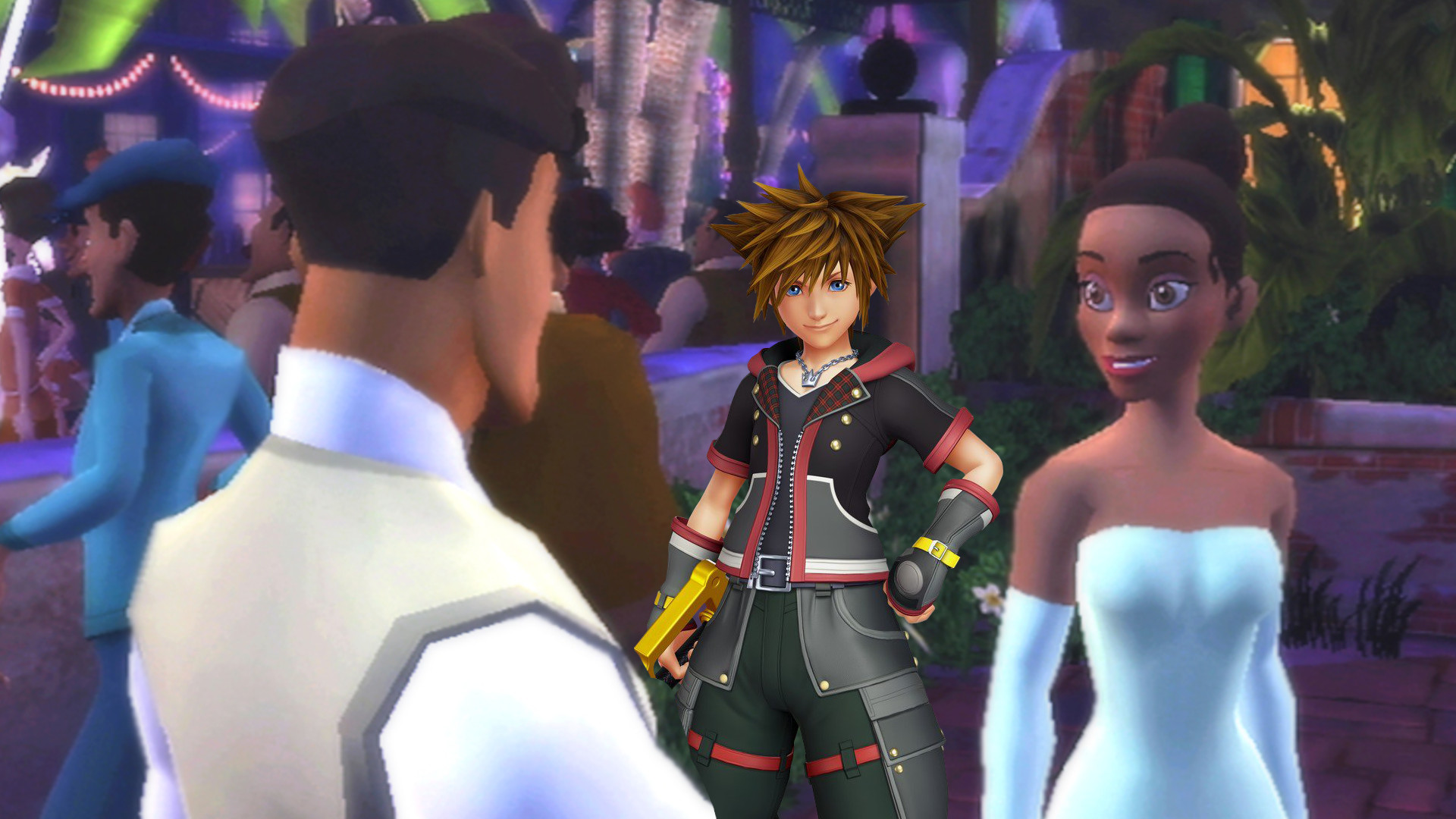 Princess and the Frog characters with KH Sora in the middle.