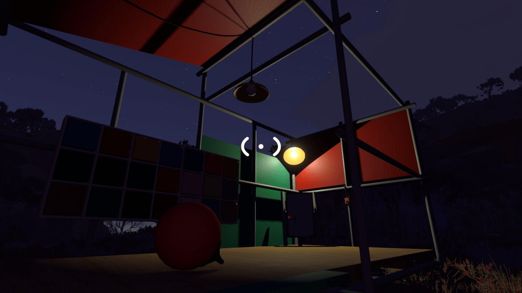 Big Walk game screenshot showing paints and a brush in a dark structure in the forest.