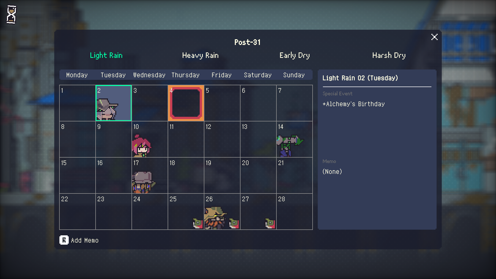 Doloc Town game screenshot showing a pixelated calendar with character birthdays.