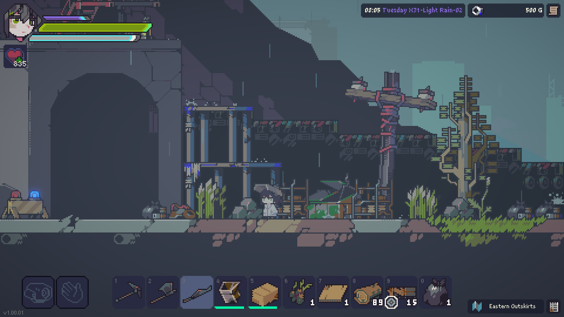 Doloc Town game screenshot showing a pixelated dystopian world with a big tunnel.