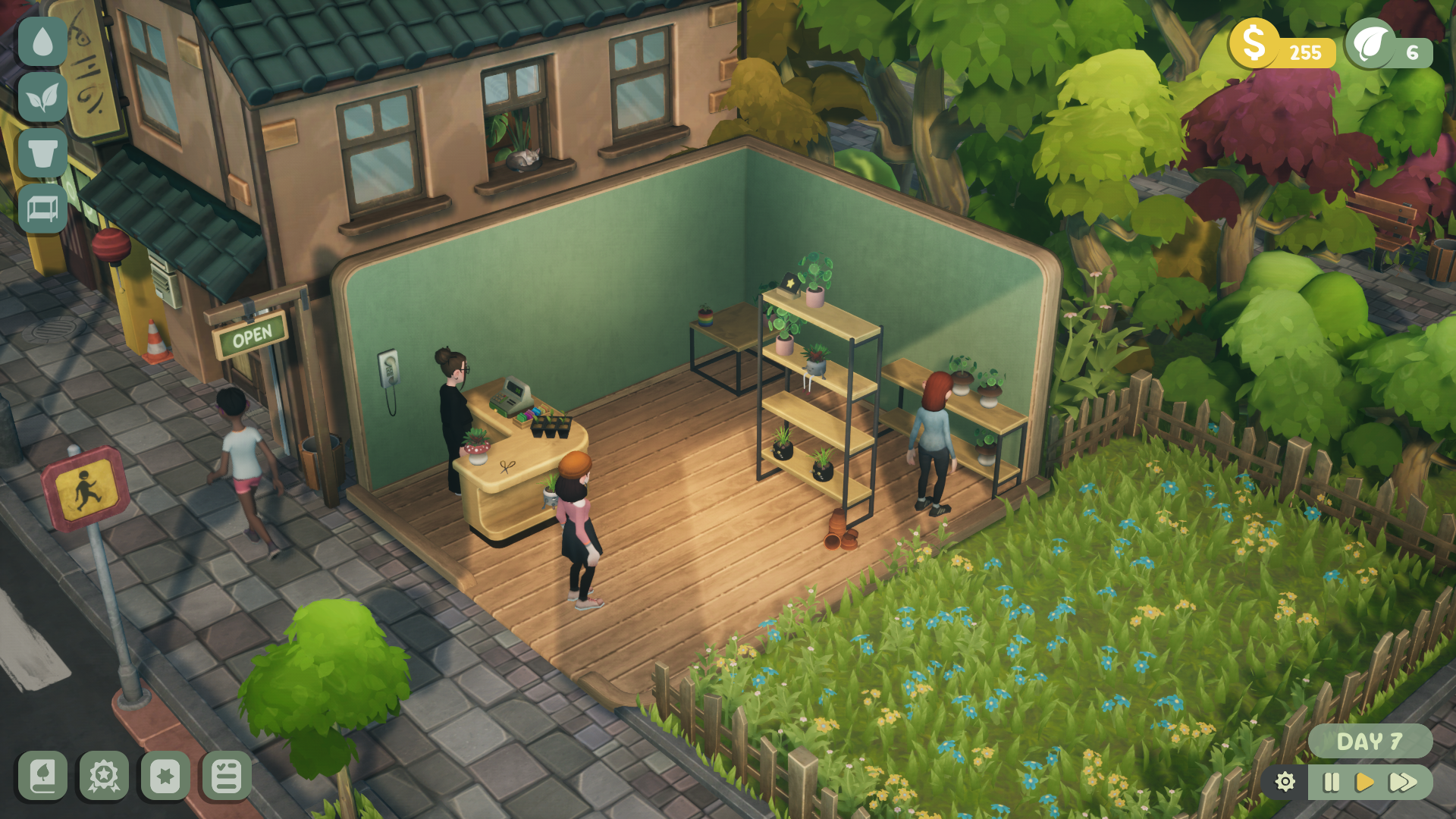 Leafy Corner gameplay screenshot with a cute plant store in a small village.