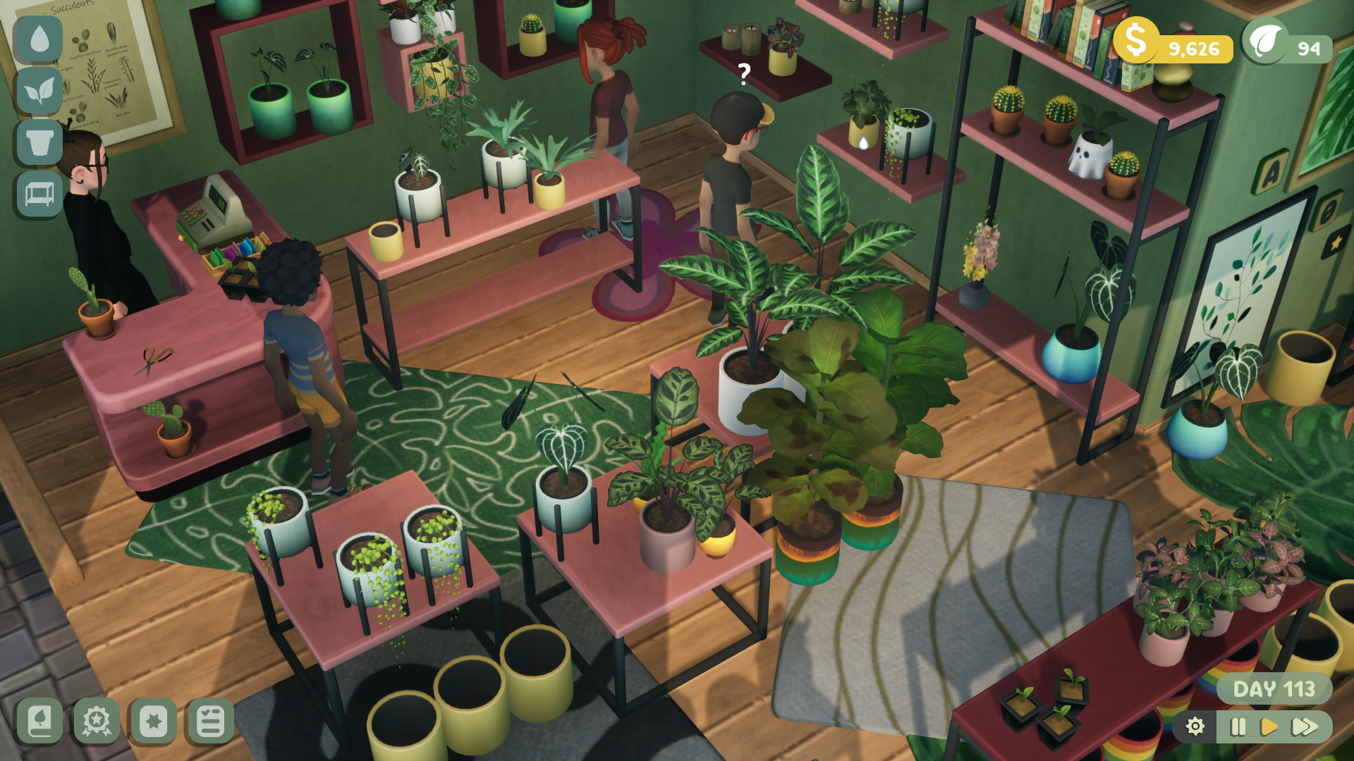 Leafy Corner gameplay screenshot with a vibrant plant store with pink decorations and green walls.