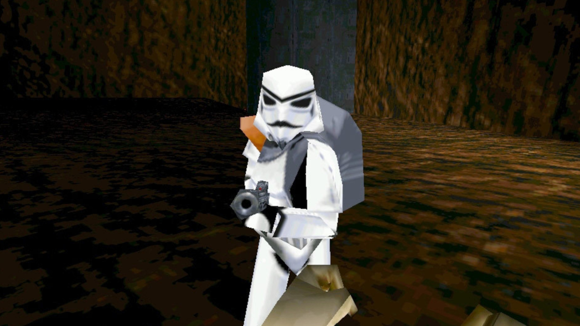Character squaring up to a Storm Trooper in a Star Wars game.