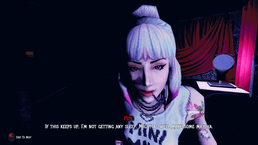 The Skin Stapler gameplay screenshot with Fefe character waking up in the night.