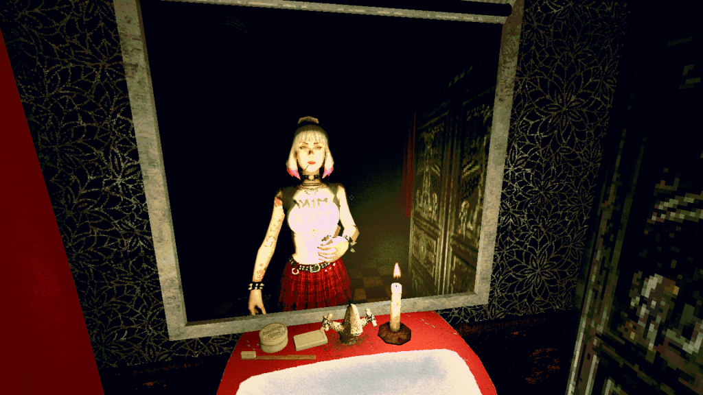 The Skin Stapler gameplay screenshot with Fefe in the mirror.