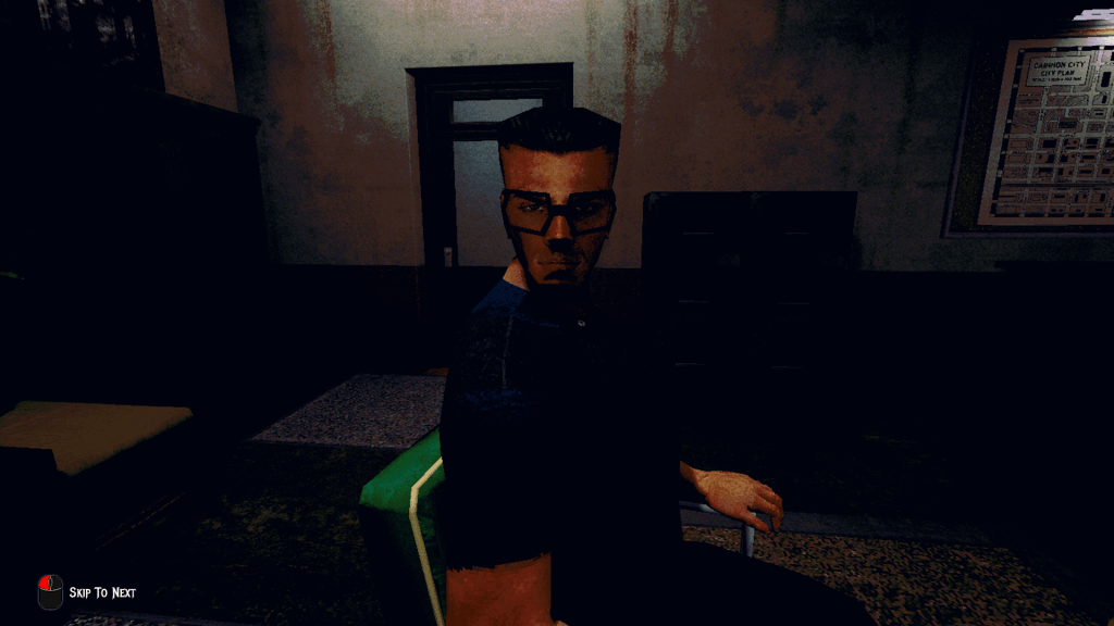 The Skin Stapler gameplay screenshot with Robbie Knox in the police station.