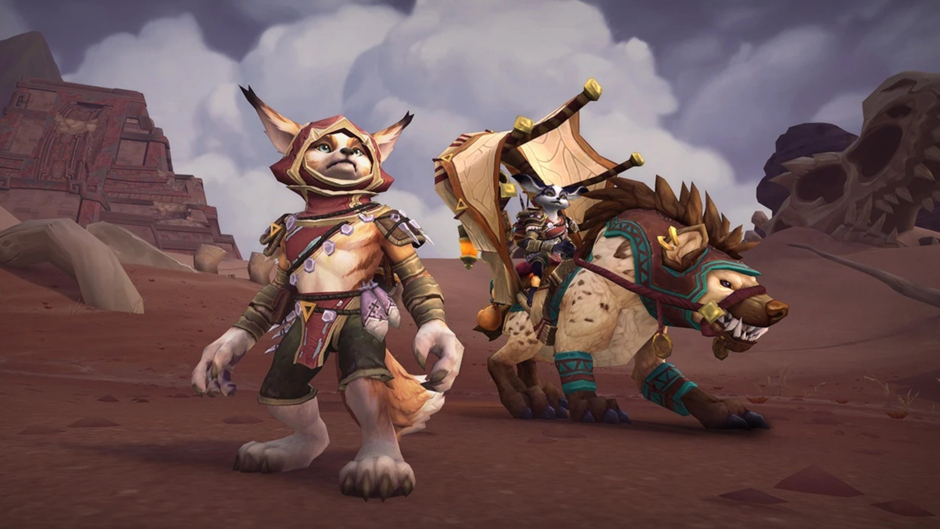World of Warcraft screenshot of a Vulpera and its mount in the desert.